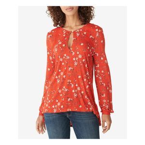 LUCKY BRAND Womens Orange Sheer Vented Sides Long Sleeve Keyhole Top Plus XL